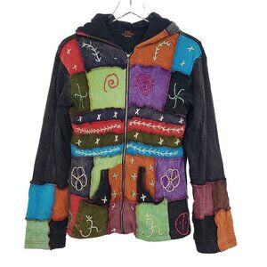 Rising International Patchwork Jacket Embroidered Hippie Boho Hooded Womens Sz L